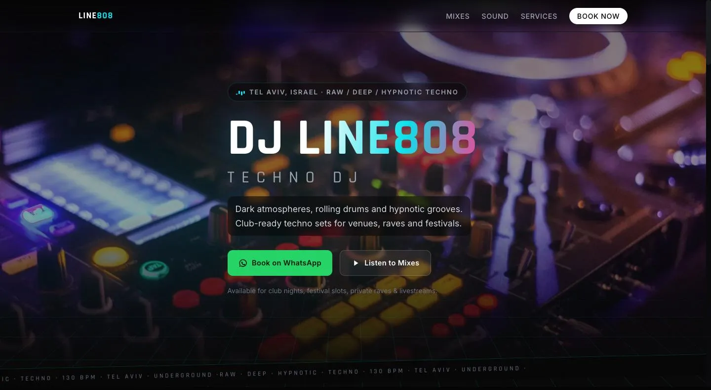 צילום מסך של אתר line808 - עמוד הבית של DJ Line808
